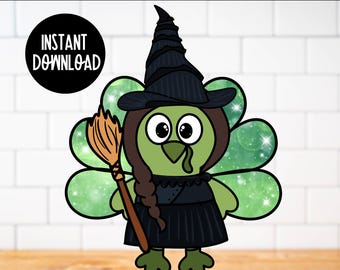 Förkläd den elliga häxan utskrivbart pysselkit, Elphaba målarbok med förklädd kalkon, aktivitetspyssel för barn med Thanksgiving