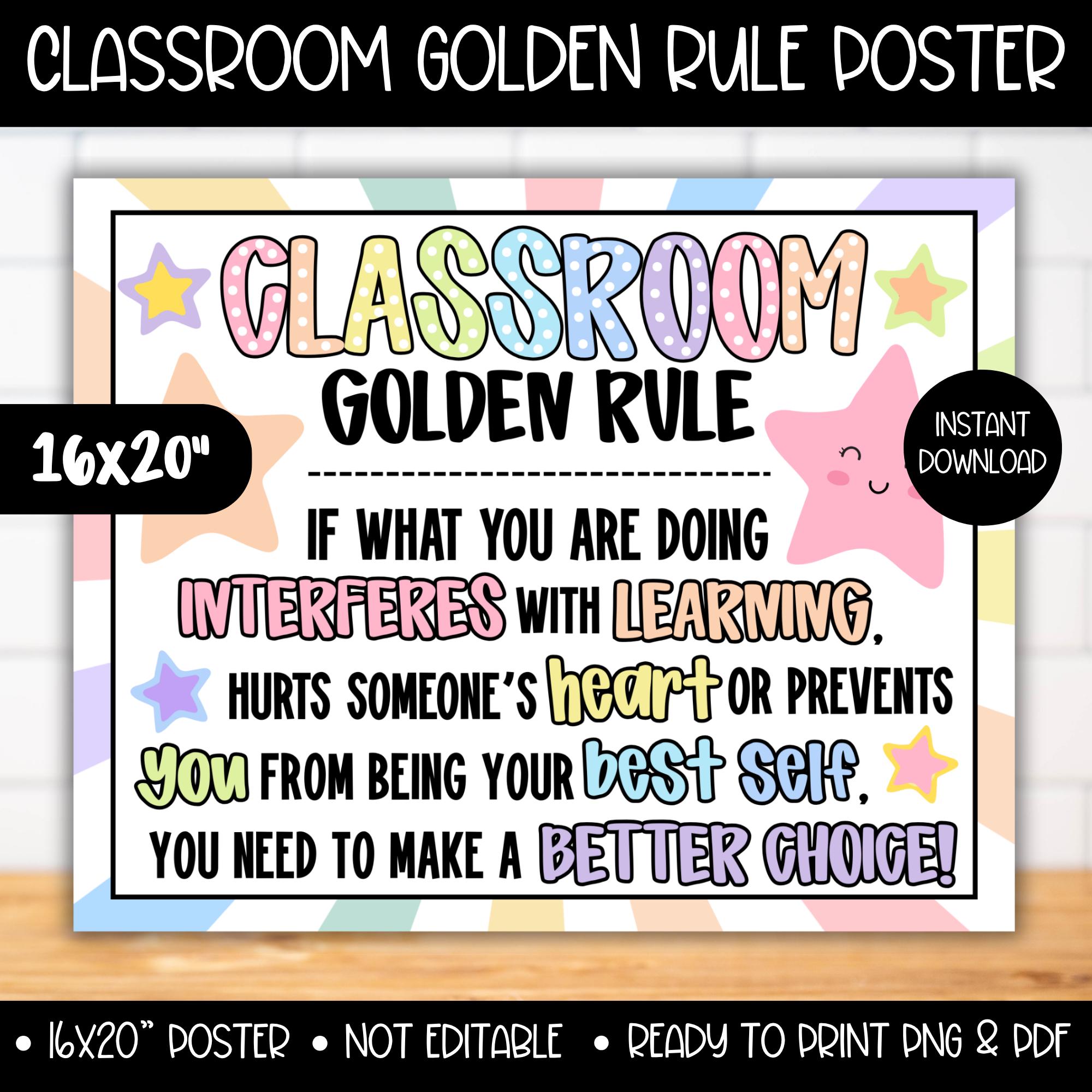 Pastel Rainbow Classroom Golden Rule Poster, Kindergarten Class Rules Sign, Preschool Behavior Expectations Chart, Rainbow Classroom Decor
