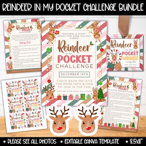 May include: A printable Reindeer in My Pocket Challenge bundle for teachers and staff. The bundle includes a title page, instructions, and winner cards. The design features a red and white striped background with a reindeer illustration.