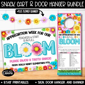 Bloom Flower Nauczycielski Tydzień Wdzięczności Personelowi Snack Sunshine Cart Sign Poster Bundle, Floral Snack Door Hanger Bundle, Drink Snack Bar Signs