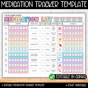 Plantilla de gráfico de registro de seguimiento de la lista de suplementos de medicamentos con fotos, calendario mensual de medicamentos, registro de cuadro de salud de prescripciones