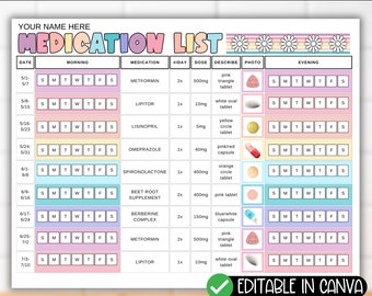 Modello di registro di monitoraggio arcobaleno dell'elenco degli integratori farmaceutici con foto, calendario mensile della programmazione dei farmaci, registro del grafico sanitario delle prescrizioni