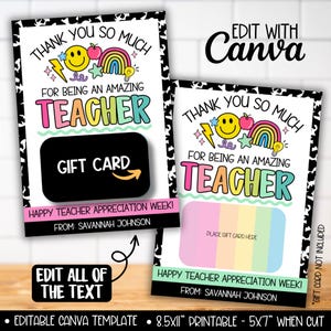 May include: Two teacher appreciation gift card templates. The cards have a black and white cow print border. The text reads "Thank you so much for being an amazing teacher". One card has a gift card placeholder.