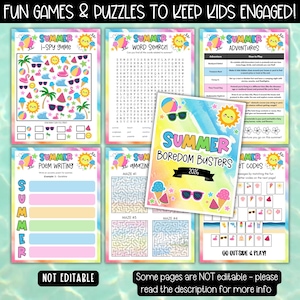 May include: A collection of colorful summer-themed activity pages for kids, including an I-Spy game, word search, adventure prompts, poem writing, mazes, and a code-breaking activity. The cover of the booklet reads "Summer Boredom Busters 2026."