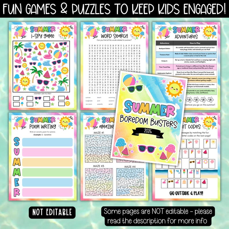 May include: A collection of colorful summer-themed activity pages for kids, including an I-Spy game, word search, adventure prompts, poem writing, mazes, and a code-breaking activity. The cover of the booklet reads "Summer Boredom Busters 2026."