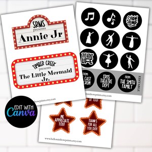 May include: Printable set of 10 red and white marquee style signs with text that reads "SRMS presents Annie Jr", "Timber Creek presents The Little Mermaid Jr", "We Appreciate You", "Thanks for all you do!!", "Show Time", "Theatre Life", "From: Cast Crew", "From: ERHS Theatre Dept", "From: The Smith Family", and "Editable".