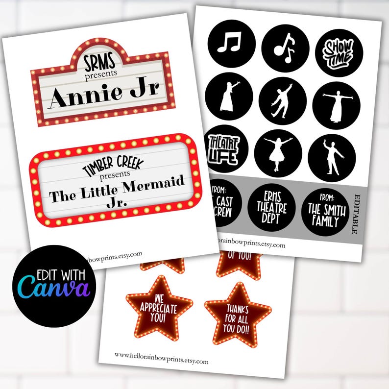 May include: Printable set of 10 red and white marquee style signs with text that reads "SRMS presents Annie Jr", "Timber Creek presents The Little Mermaid Jr", "We Appreciate You", "Thanks for all you do!!", "Show Time", "Theatre Life", "From: Cast Crew", "From: ERHS Theatre Dept", "From: The Smith Family", and "Editable".