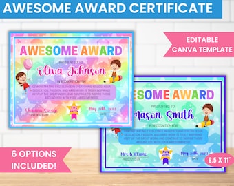 Awesome Award Classroom End of Year Certificate, School Classroom Student Gift Recognition Award, Gift From Teacher, Student of the Month