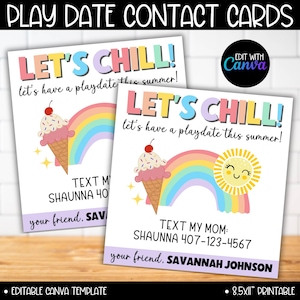 Modèle pour enfants de cartes de jeux d'été Chill, cartes garder le contact, étiquettes de fin d'année, invitation à un rendez-vous avec une crème glacée, carte de visite
