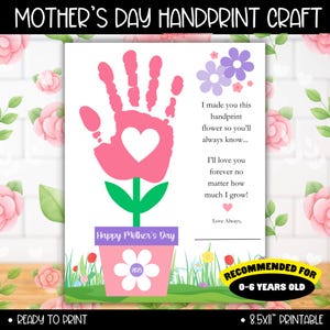 Artisanat d'art empreinte de main fleur fête des mères imprimable, activités manuelles fête des mères pour enfants, empreintes de main de bébé bambin bricolage, cadeaux d'âge préscolaire pour maman