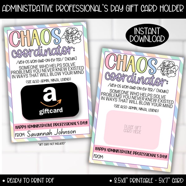 Administrative Professional Day Amazon Target Starbucks Appreciation Gift Card Holder, Administrative Chaos Coordinator Gifts, Admin Card