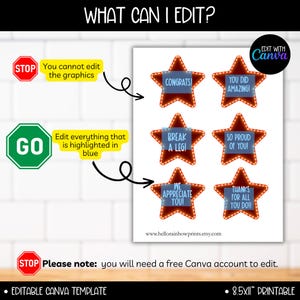 May include: Editable Canva template for printable 8.5x11 inch star-shaped signs with text that can be customized. The signs feature a red star with a yellow outline and blue text. The text includes phrases like "Congrats!" and "You Did Amazing!"