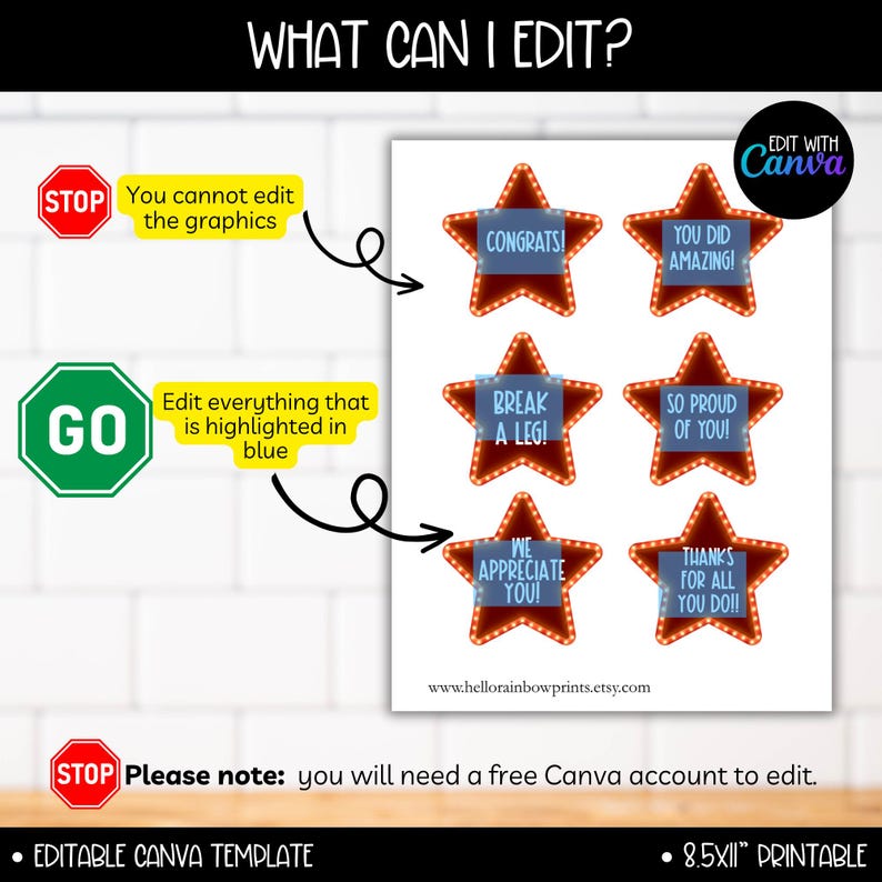 May include: Editable Canva template for printable 8.5x11 inch star-shaped signs with text that can be customized. The signs feature a red star with a yellow outline and blue text. The text includes phrases like "Congrats!" and "You Did Amazing!"