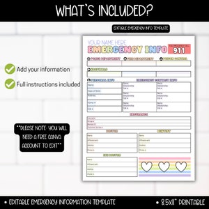 Emergency Information Sheet Form Template, Emergency Info Contact List, Important Documents Just In Case Binder, Babysitter Caregiver Notes image 3