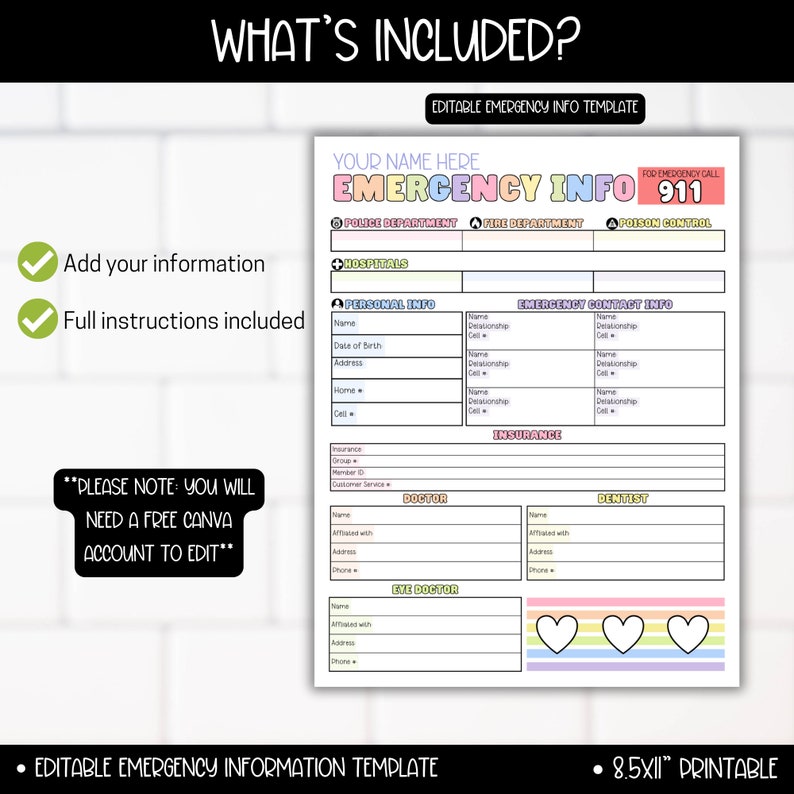 Emergency Information Sheet Form Template, Emergency Info Contact List, Important Documents Just In Case Binder, Babysitter Caregiver Notes image 3