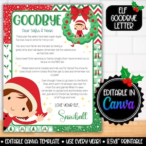 Può includere: Un modello stampabile di lettera di addio dell'elfo natalizio con un design festivo. La lettera presenta un elfo dei cartoni animati, una ghirlanda e il testo "Goodbye" e "Elf Goodbye Letter". Il modello è modificabile in Canva e misura 21,59 x 27,94 cm.
