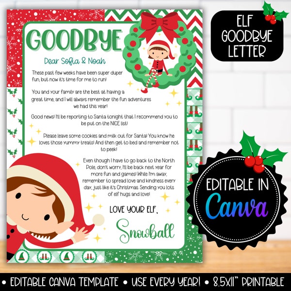 Elf Goodbye letter, Elf Farewell letter, Printable Red Green Elf Notes Prop, Elf Note Kit To Kids, Elf Editable Printable Note Sign