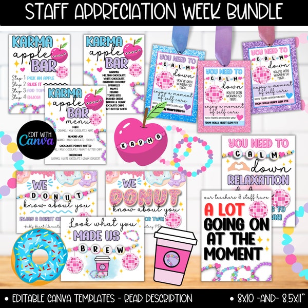 Teacher Staff Appreciation Week Bundle Sign Poster Gift Tags, Relax Spa Donut Coffee Apple Bar Signs, Taylor Swift Eras Appreciation Theme