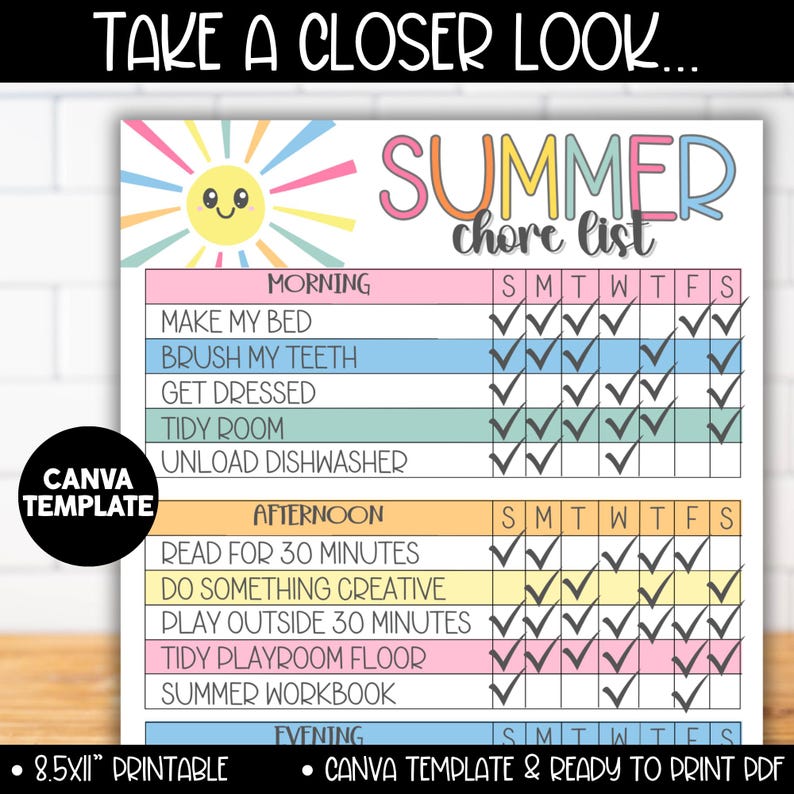 Editable Summer Chore Chart List for Kids, Teen Chores Reward System Tracker Charts, Summer Routine Responsibility Checklist, Chore Calendar image 6