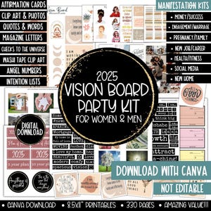 Kit de fiesta de tablero de visión para mujeres y hombres 2025, paquete imprimible para parejas, planificador de establecimiento de objetivos para el año nuevo, imágenes de tablero de estado de ánimo de afirmaciones