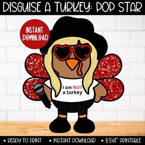 May include: A digital illustration of a turkey disguised as a pop star. The turkey wears a black hat, heart-shaped sunglasses, and a white t-shirt with the text "I am NOT a turkey." It holds a microphone and has red glitter wings.