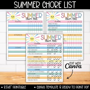 Editable Summer Chore Chart List for Kids, Teen Chores Reward System Tracker Charts, Summer Routine Responsibility Checklist, Chore Calendar image 5