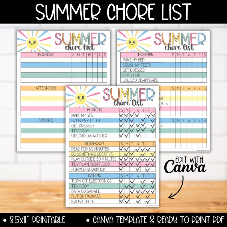 Editable Summer Chore Chart List for Kids, Teen Chores Reward System Tracker Charts, Summer Routine Responsibility Checklist, Chore Calendar image 5