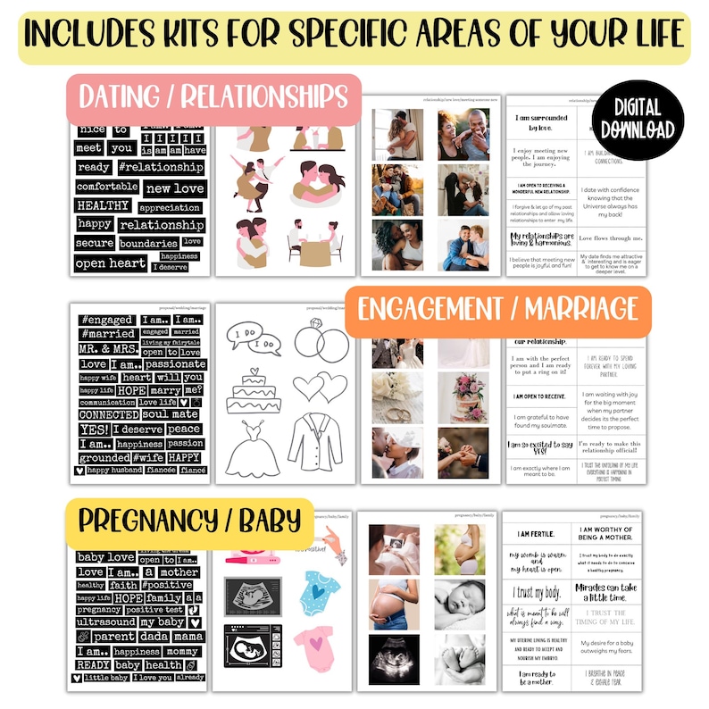 Kit per feste con bacheca visionaria 2026, stampabile per donne, modello per pianificatore di bacheca degli obiettivi di Capodanno, immagini clipart per bacheca delle affermazioni dell'umore immagine 2