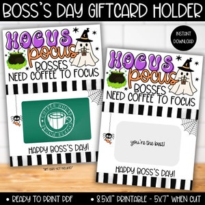 Boss's Day Coffee Gift Card Holder, Tag na Dzień Szefa, Kosz prezentowy na Dzień Szefa, Prezenty dla Szefa dla Niej i dla Niego, Hocus Pocus Need Coffee to Focus Printable