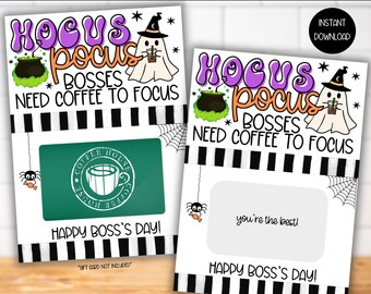 Boss&#39;s Day Kaffee Geschenkkartenhalter, Bosses Day Tag, Boss Day Geschenkkorb, Boss Geschenke für sie ihn, Hokus Pokus brauchen Kaffee, um sich zu konzentrieren druckbar