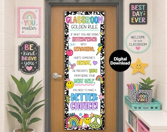 Bright Classroom Golden Rule Vertical Banner, Bold Brights Decor Theme, One Rule Class 6ft Banners Printable, Behavior Expectations Chart