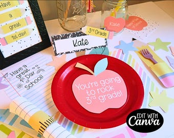 2026 Back to School Breakfast Printable Decorations, Editable First Day of School Party Ideas for Kids, 1st Day of School Banner Note Flag