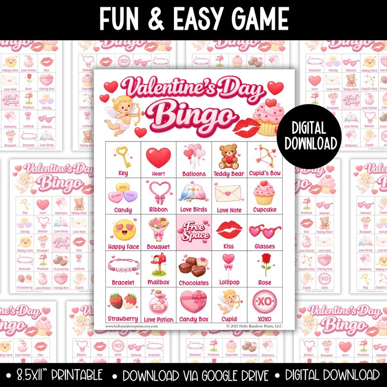 Valentines Day BINGO Game for Kids, Love Heart Classroom Bingo Group ...