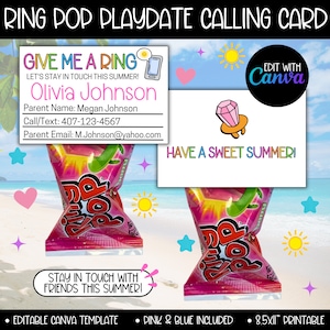 Lollipop Playdate-telefoonkaartsjabloon kinderen, uitnodigingssjabloon zomer speeldatum afdrukbaar, vriendschapskaart einde schooljaar, contactkaart