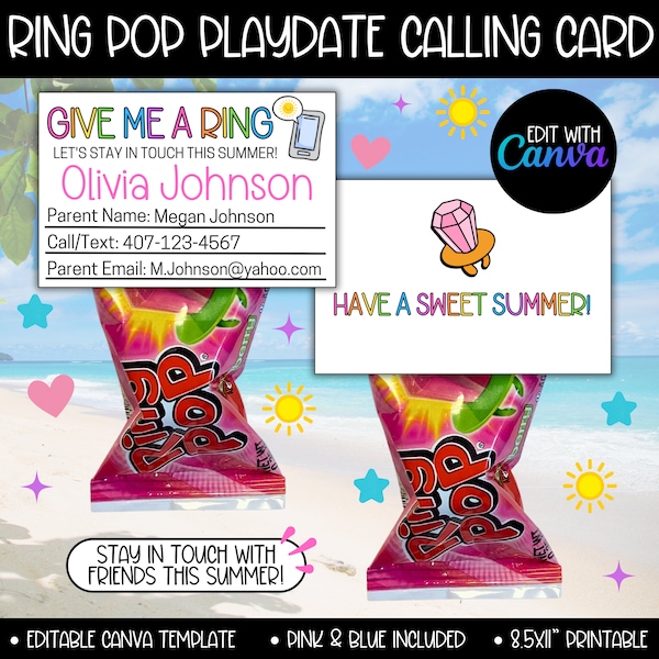 Ring Pop Playdate Calling Card Template Kids, Summer Play Date Invite Template Printable, End School Year Friend Card, Keep in Touch Card