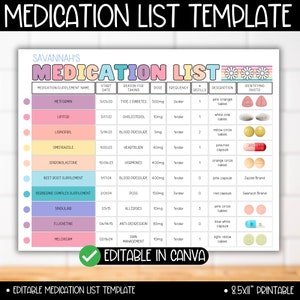 Lijst met medicatiesupplementen Tracker-logboekgrafiek Afdrukbare sjabloon, supplementen, Medicijnschemakalender, eenvoudig recept Gezondheidsgrafieklogboek