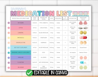 Medication Supplement List Tracker Log Chart Printable Template, Supplements, Medicine Schedule Calendar, Easy Prescription Health Chart Log