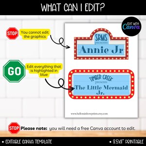 May include: Editable Canva template for a playbill or program announcement. The template features a red and white marquee with a blue background. The text "SRMS presents Annie Jr." is displayed in the marquee. The template is 8.5 inches by 11 inches and is printable.