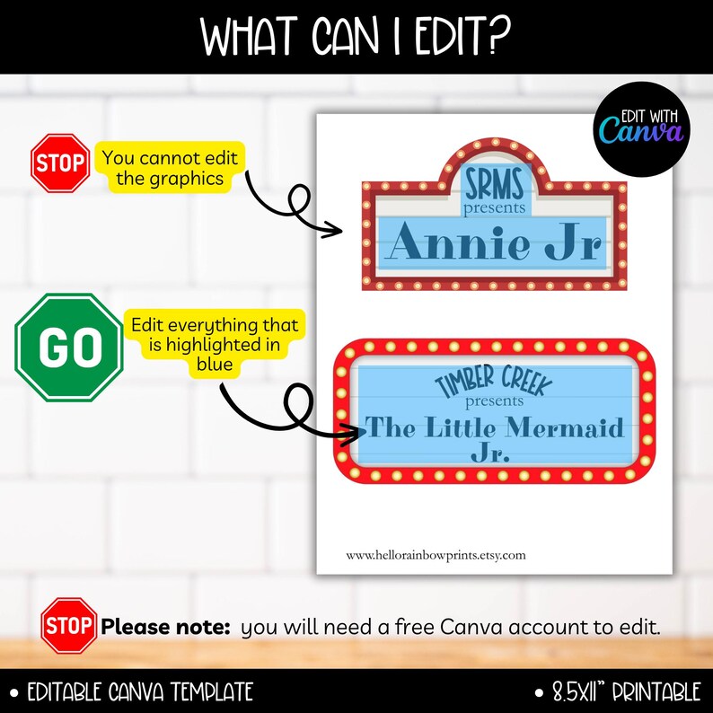 May include: Editable Canva template for a playbill or program announcement. The template features a red and white marquee with a blue background. The text "SRMS presents Annie Jr." is displayed in the marquee. The template is 8.5 inches by 11 inches and is printable.
