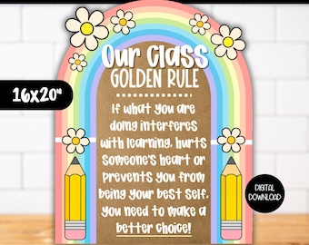 Pastell Regenbogen Klassenzimmer Goldene Regel Poster, Kindergarten Daisy Klassenregeln, Lehrer Retro Schild Dekor, Vorschule Verhaltenserwartungen Tabelle