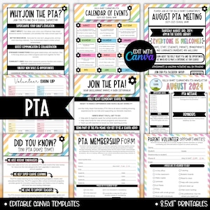 May include: Printable flyers for a school PTA meeting, membership form, and volunteer opportunities. The flyers feature a colourful striped background with pink, blue, and yellow stripes. The text on the flyers includes "Join the PTA!" and "Holly Heart Elementary School PTA".