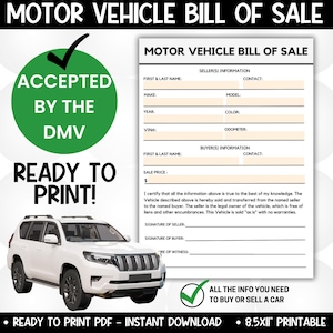 Vehicle Bill of Sale Form, Car Bill of Sale Printable, Motor Vehicle Bill of Sale PDF, Auto Bill of Sale Template, Instant Digital Download