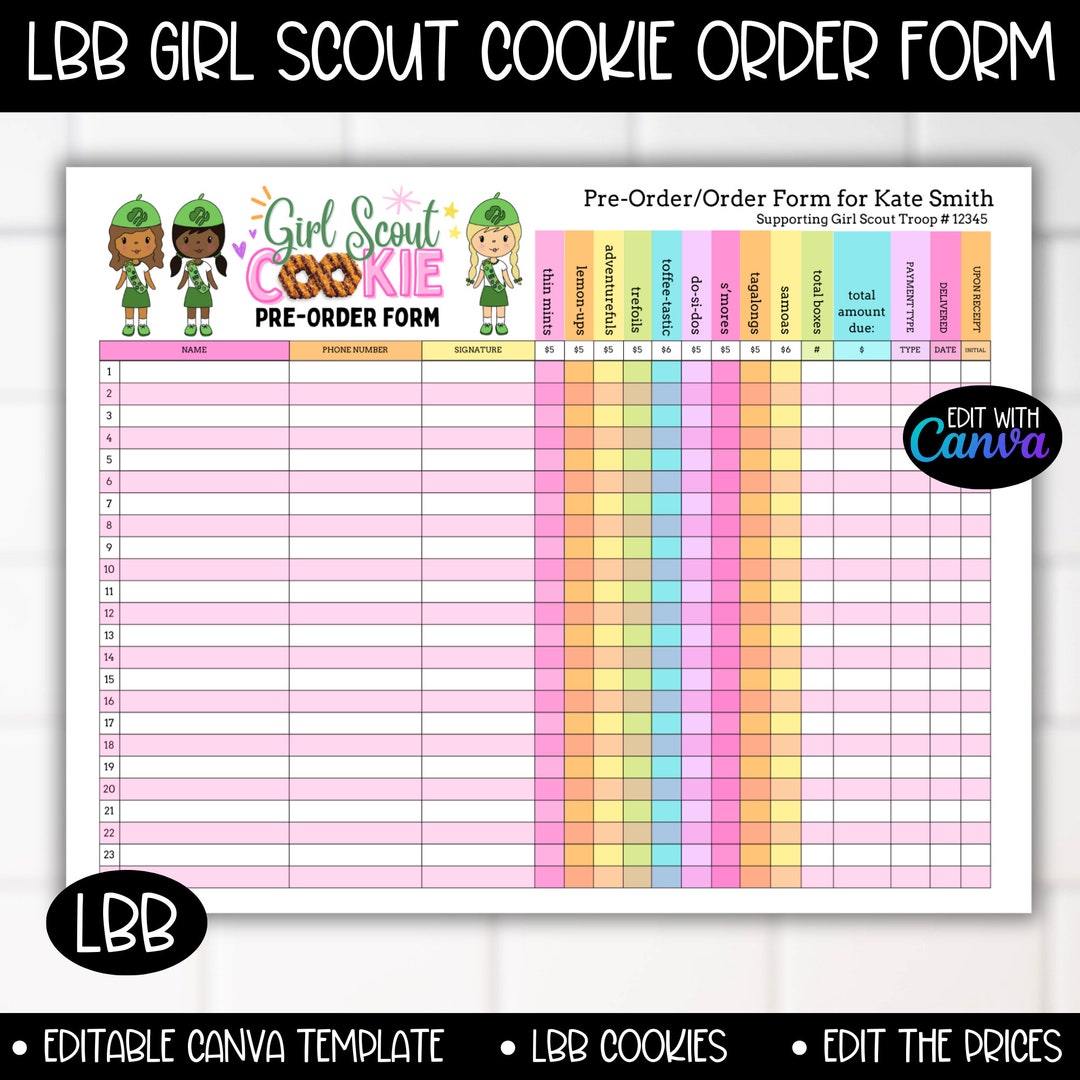 2024 LBB Girl Scout Cookie Order Pre-order Form, Sales Orders Tracker ...