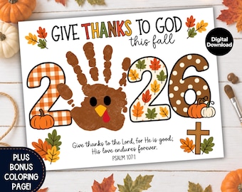 Christian Turkey Thanksgiving Handprint Craft, 2026 Fall Pumpkin Church Bible Verse Printable, Religious Give Thanks Kids Preschool Activity