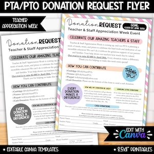 Formulario de solicitud de donación para la Semana de agradecimiento a los maestros de la PTA y la PTO, plantilla editable, formularios de donación para las clases de la escuela Rainbow, impresión en blanco y negro