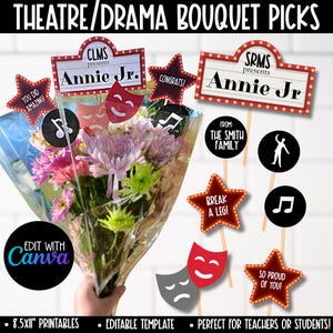 May include: A set of printable theatre and drama themed bouquet picks. The picks feature red and white marquee signs with the text "Annie Jr." and "Break a Leg!" along with other themed graphics like musical notes, masks, and a star.
