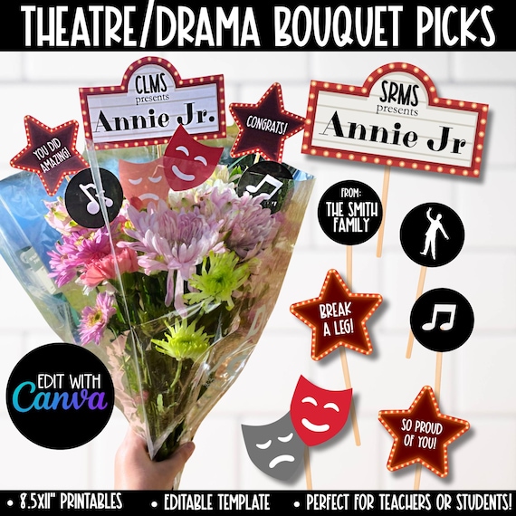 Theatre Drama Teacher Gift Flower Bouquet Pick Sticks, Editable Theatre Kid Performance Gifts, Flower Arrangement Topper Centerpiece Tags