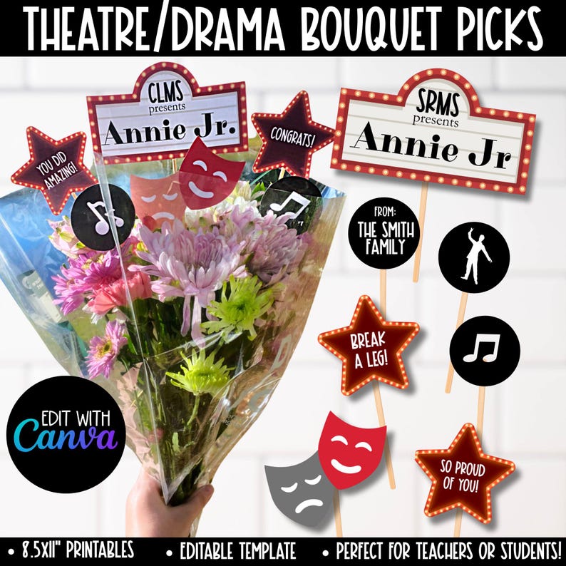 May include: A set of printable theatre and drama themed bouquet picks. The picks feature red and white marquee signs with the text "Annie Jr." and "Break a Leg!" along with other themed graphics like musical notes, masks, and a star.