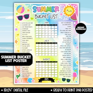 2025 Summer Bucket List Calendar Poster, Kids Family Summer Break Bucket Check List Printable, Summer Activity Checklist, Summer To Do List