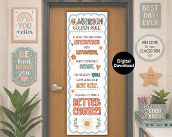 Boho Classroom Golden Rule Vertical Banner, Preschool Kindergarten Class Rules Sign, Neutral Calm Colors Decor, Behavior Expectations Chart